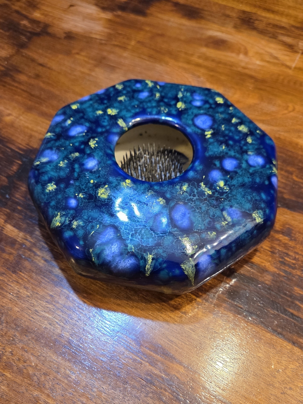 Signed, Handmade Blue Art Pottery Flower Frog Mint condition Medium Sized 7"